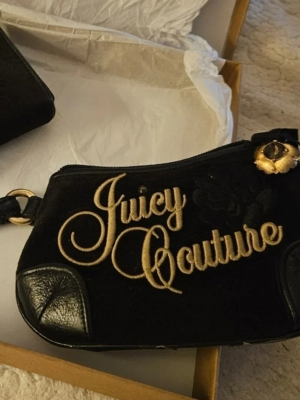 Rare Juicy Couture Y2k Black Velour Wristlet with Gold Embroidery And Charm
